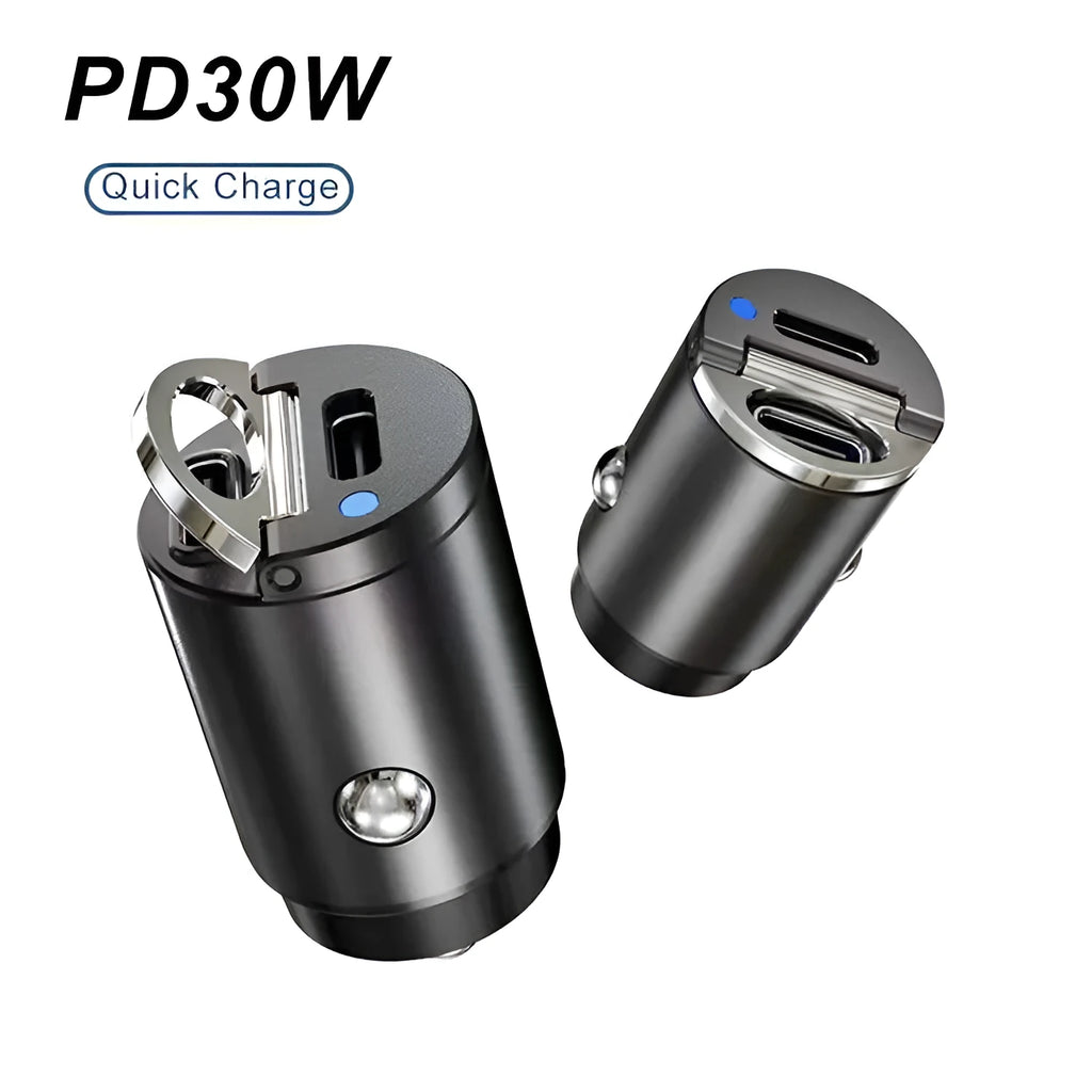 Mini 30W car cigarette lighter charger in zinc alloy housing with PD and QC fast charging