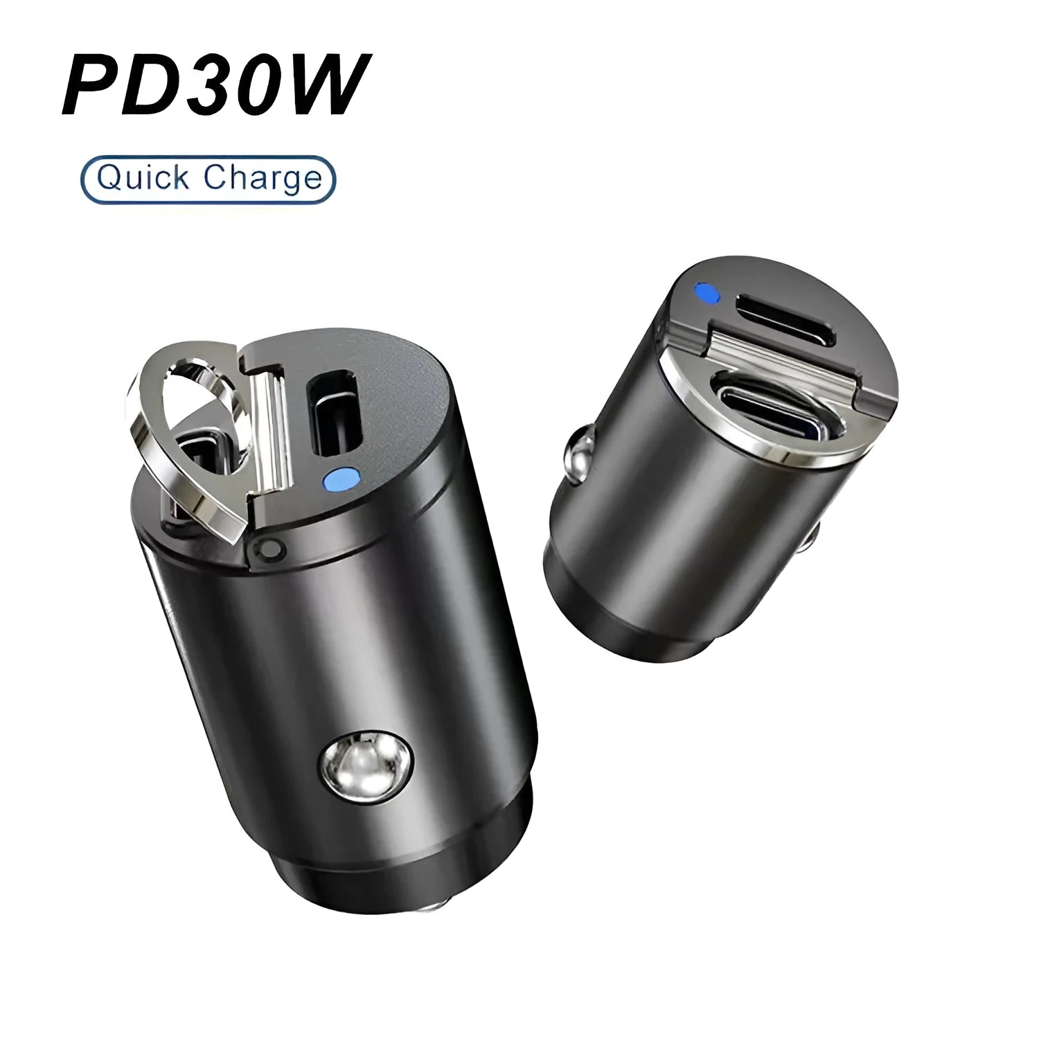 Mini 30W car cigarette lighter charger in zinc alloy housing with PD and QC fast charging