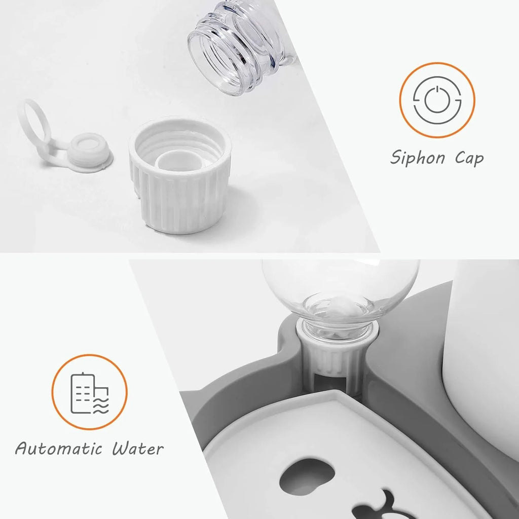 Grey panda-shaped automatic pet water dispenser with tilted stainless steel feeding bowls for cats and small dogs.