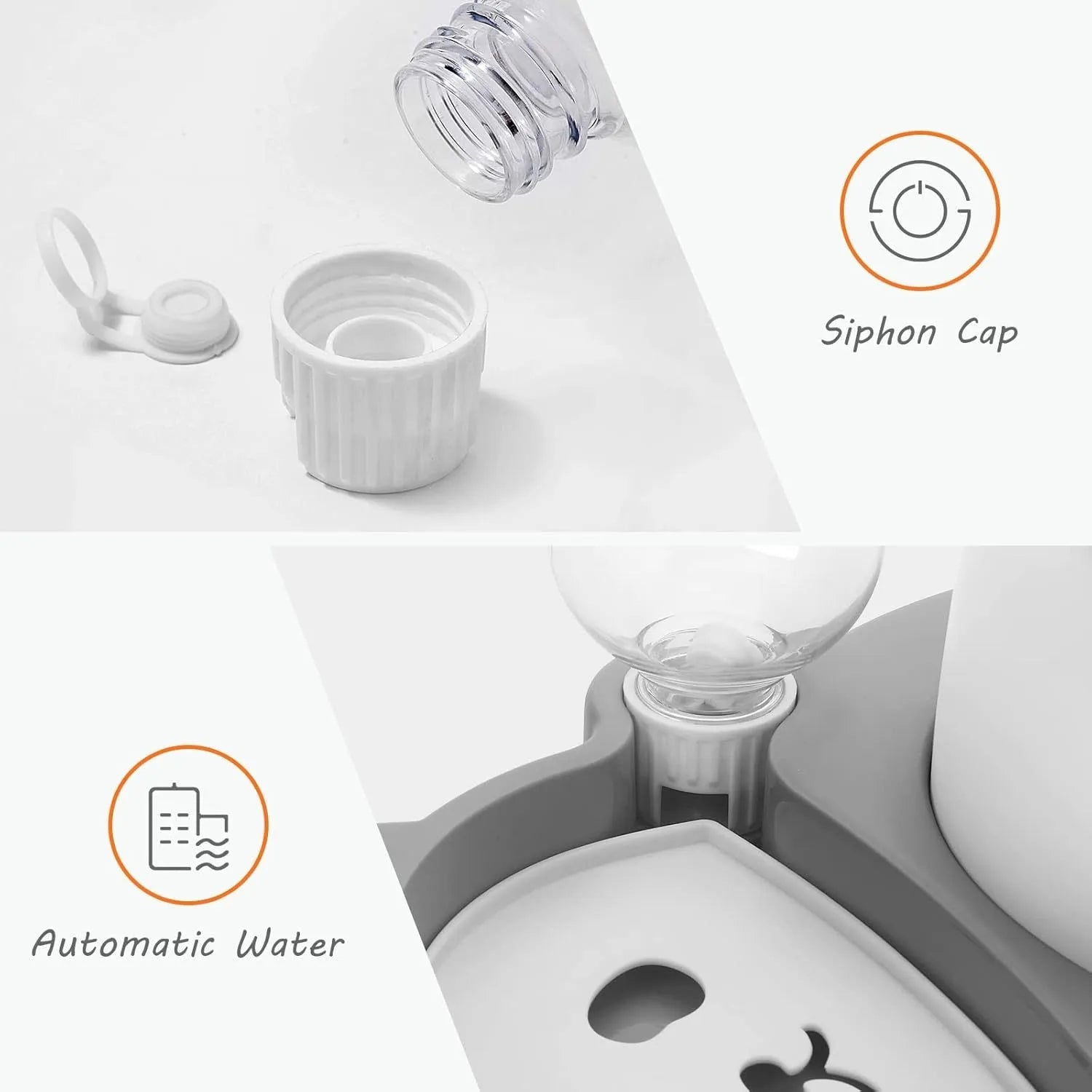 Grey panda-shaped automatic pet water dispenser with tilted stainless steel feeding bowls for cats and small dogs.