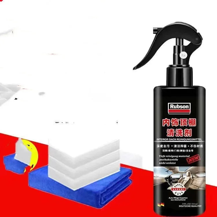 Wash-free fabric roof foam cleaner bottle with microfibre towel and sponge wipes for car interior cleaning.
