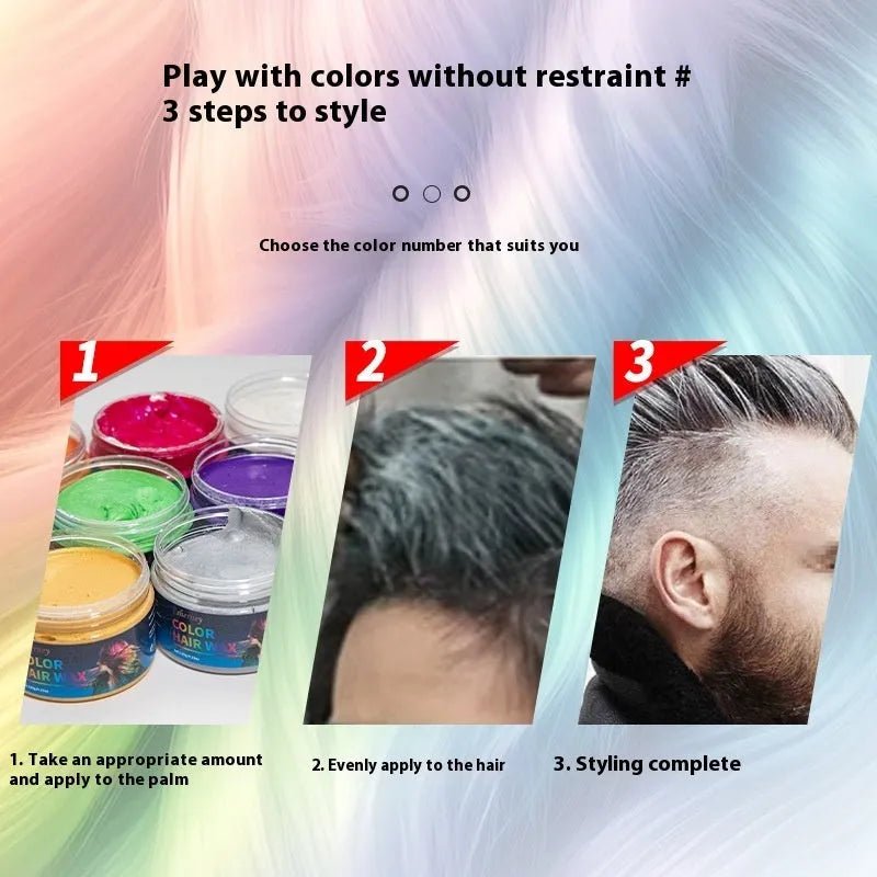 120g hair styling clay container showing nine colour options including blue, green, orange, purple, red, white, yellow, rose, and granny grey