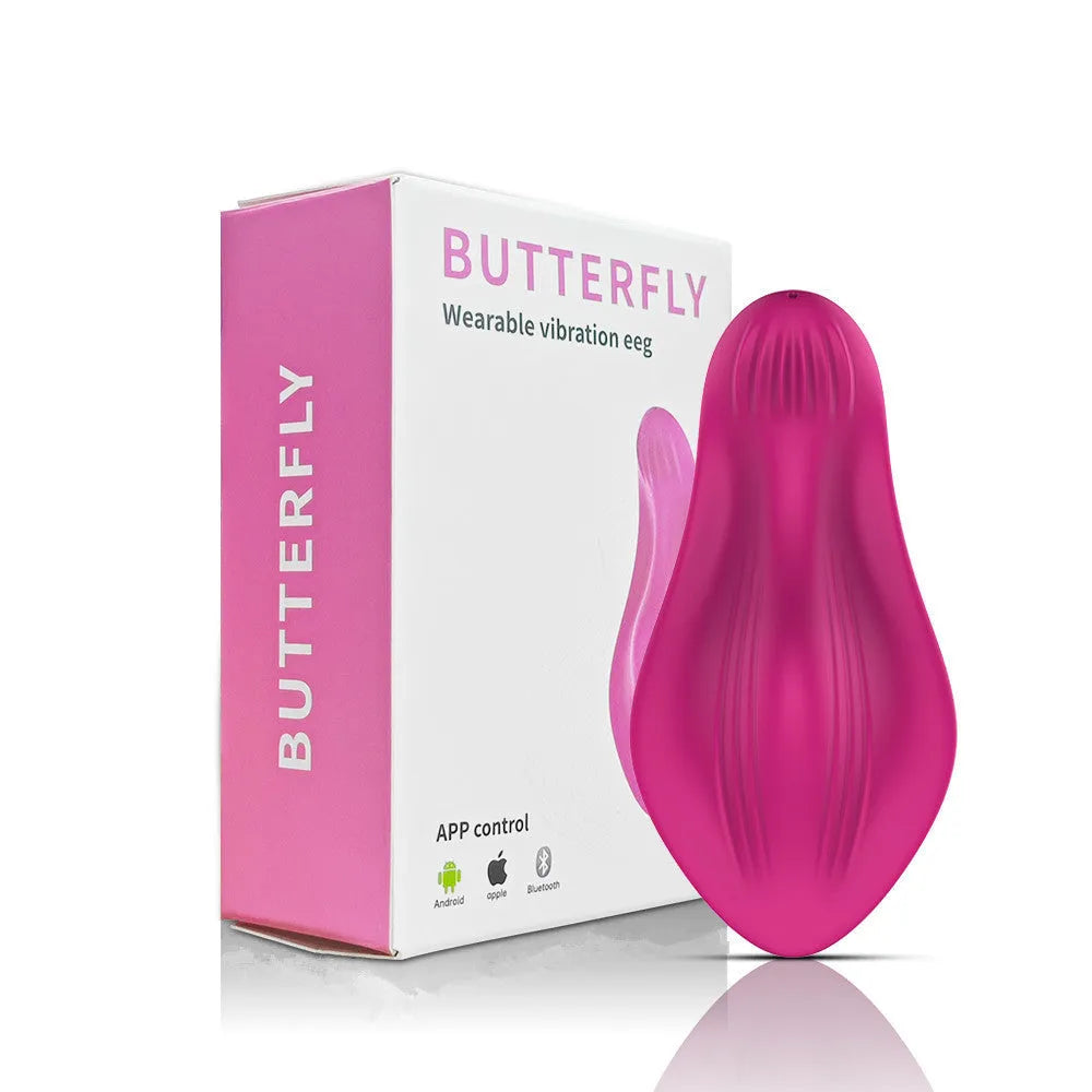 Rose red APP remote control wearable female massager with cute butterfly design on a white background.