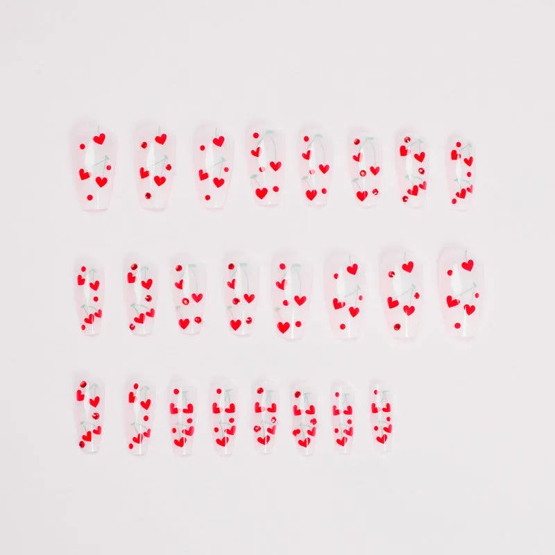 French Love Red Diamond small cherry design press-on artificial fingernails in JP1601 colour, 24 piece set with glue