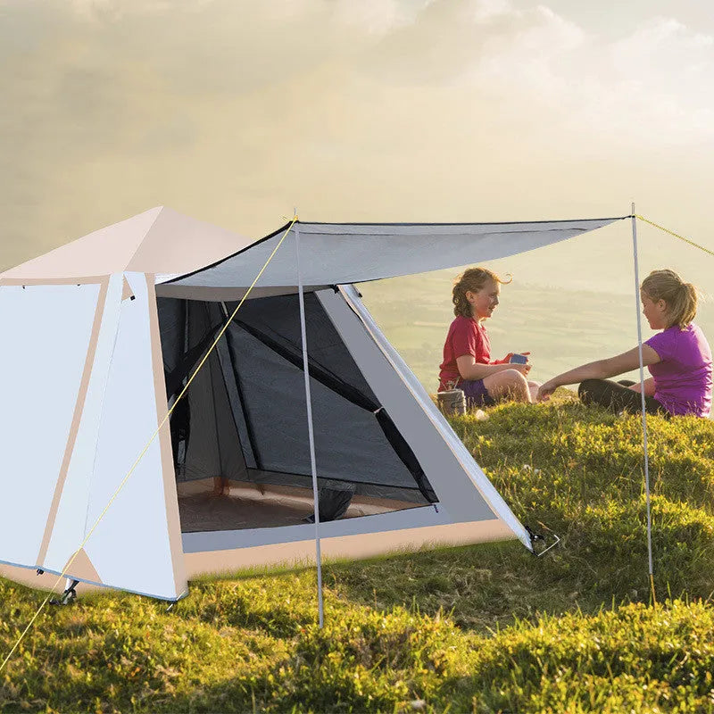 White fully automatic quick-open camping tent with double-layer aluminium poles, 220x220x168cm, 3-5 person, anti-mosquito mesh