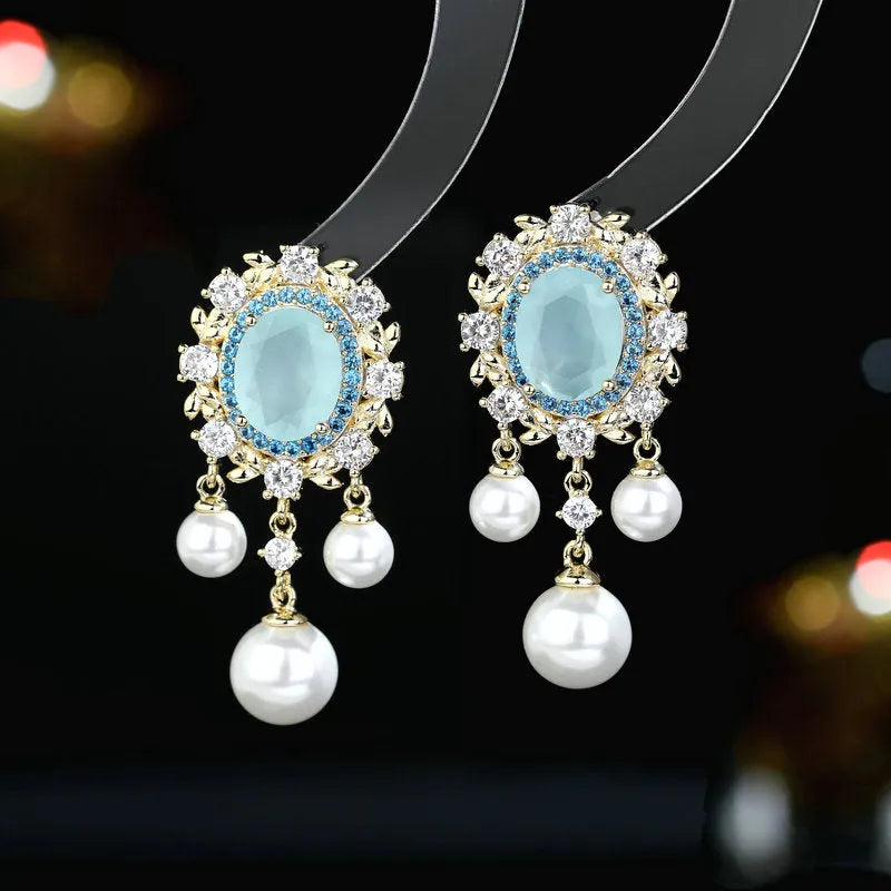 Oval geometric pearl tassel earrings with zircon inlaid stones in light purple colour