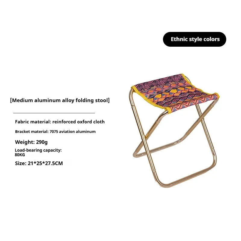 Black folding stool with ethnic pattern, made from 7075 aluminium alloy, shown in folded and open positions.