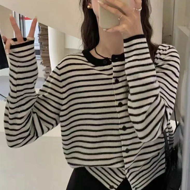 French style striped women's cardigan coat in dark grey with white stripes, slim fit with 40cm length
