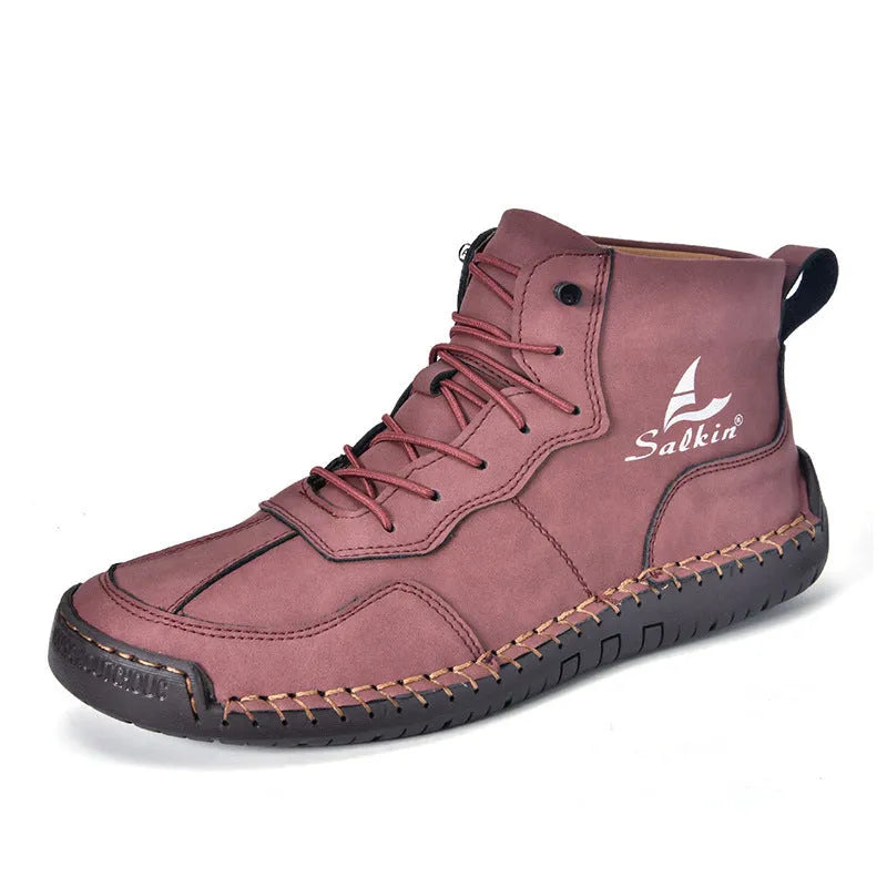 Men's high-top retro ankle boots in beige with elastic band closure and sewing line details
