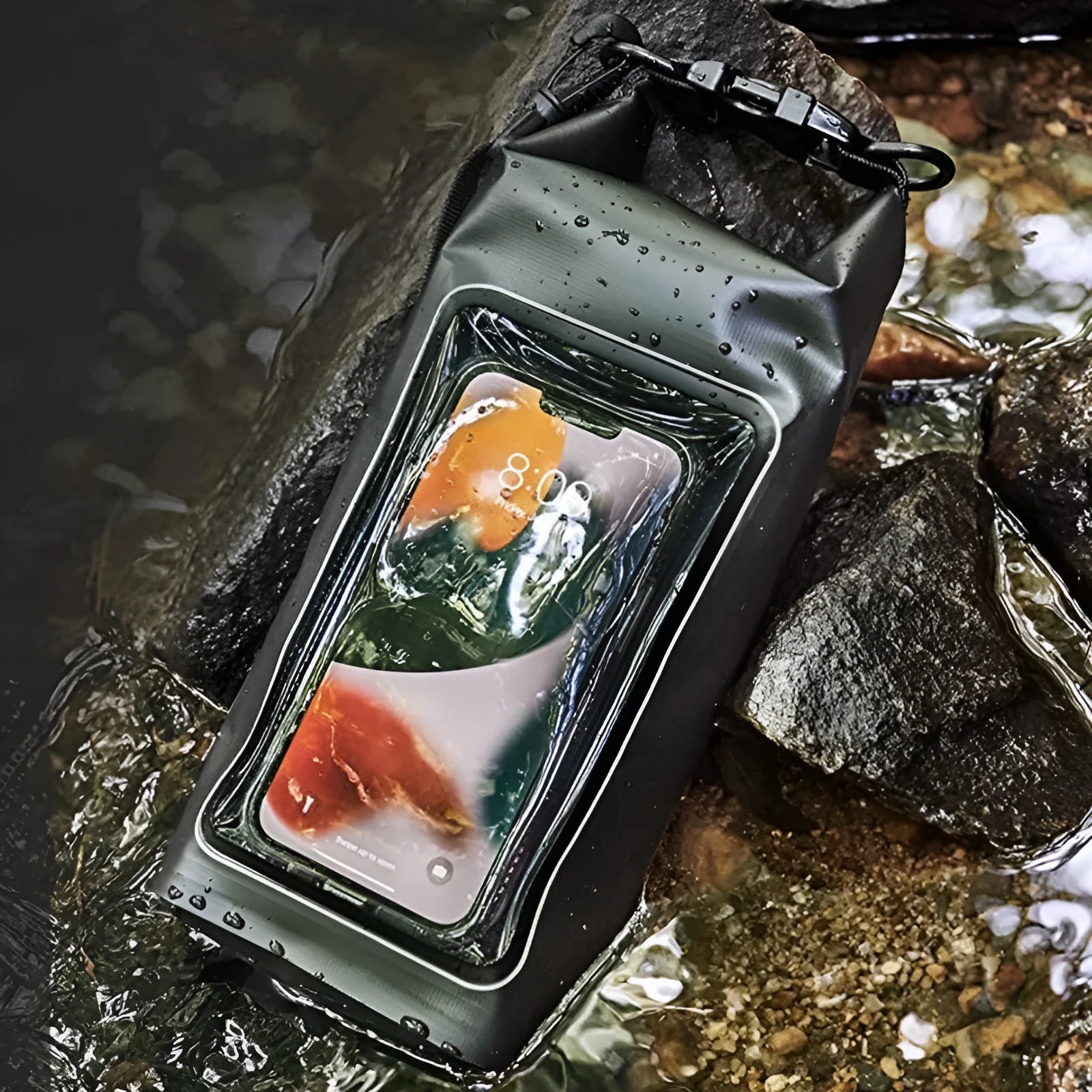 2L waterproof crossbody phone bag made of 500D PVC mesh in black for swimming and diving
