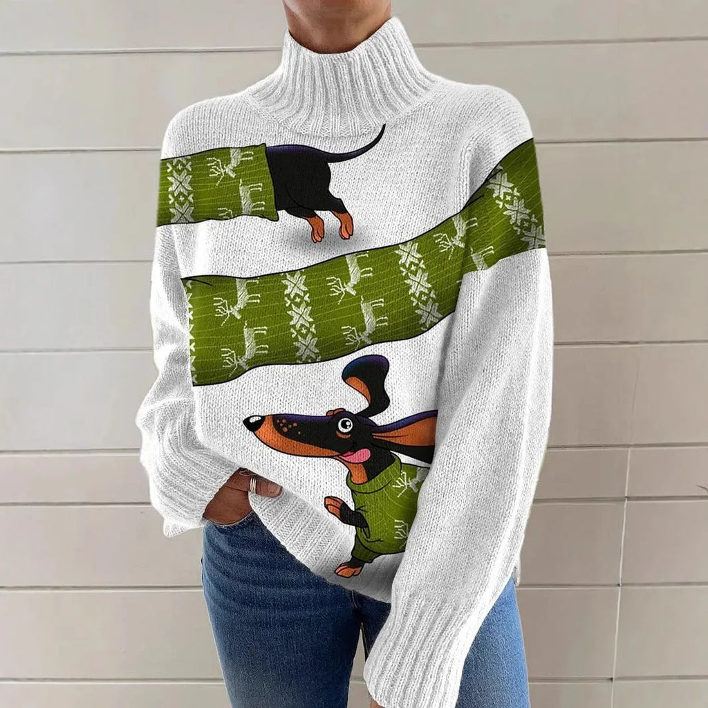 Women's Christmas printed turtleneck sweater in macaron colours with painting pattern