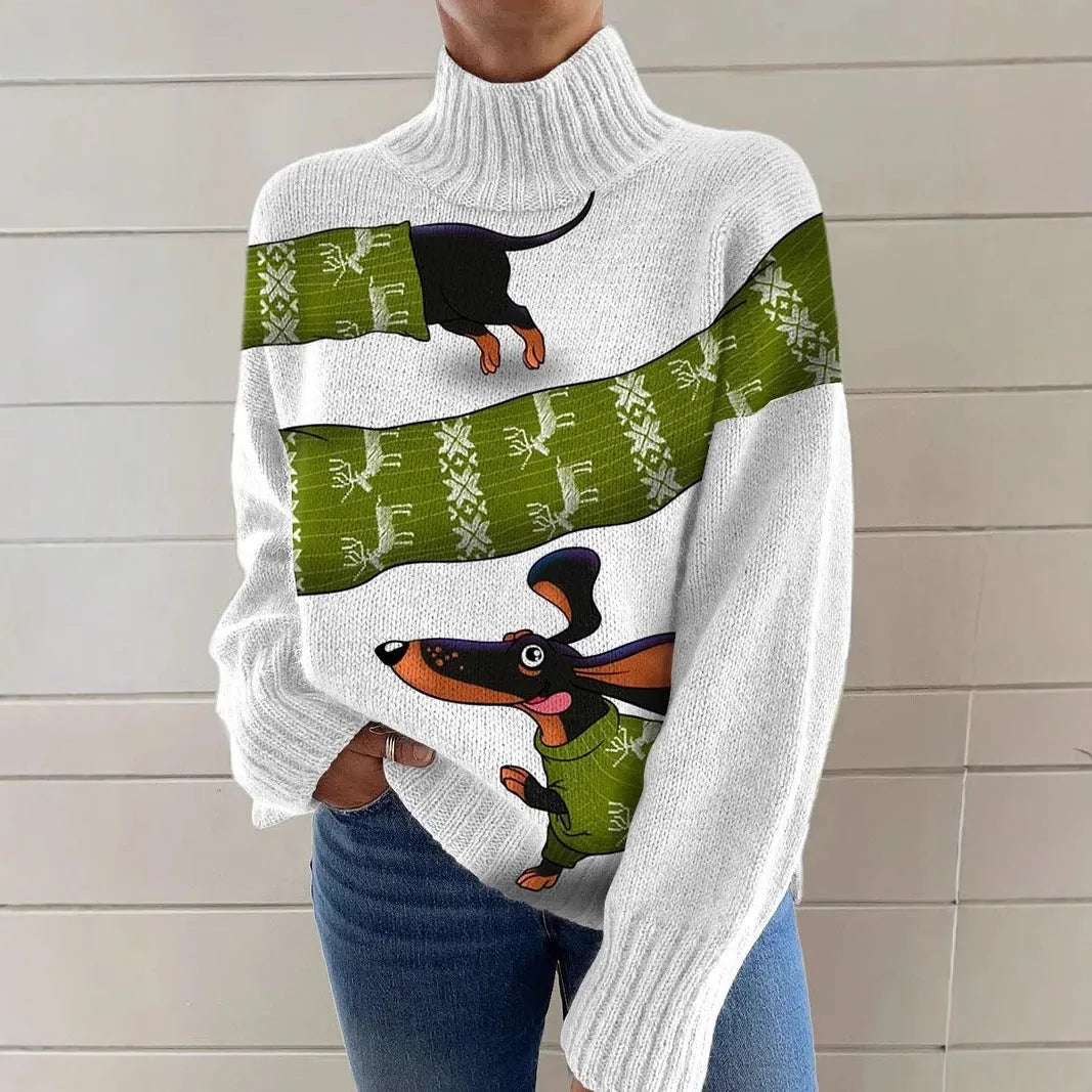 Women's Christmas printed turtleneck sweater in macaron colours with painting pattern