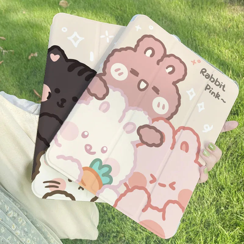 Silicone iPad case with cartoon rabbit pattern folded into viewing stand position