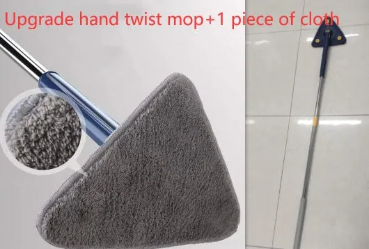 Blue triangle cleaning mop with rotating head and extendable stainless steel pole