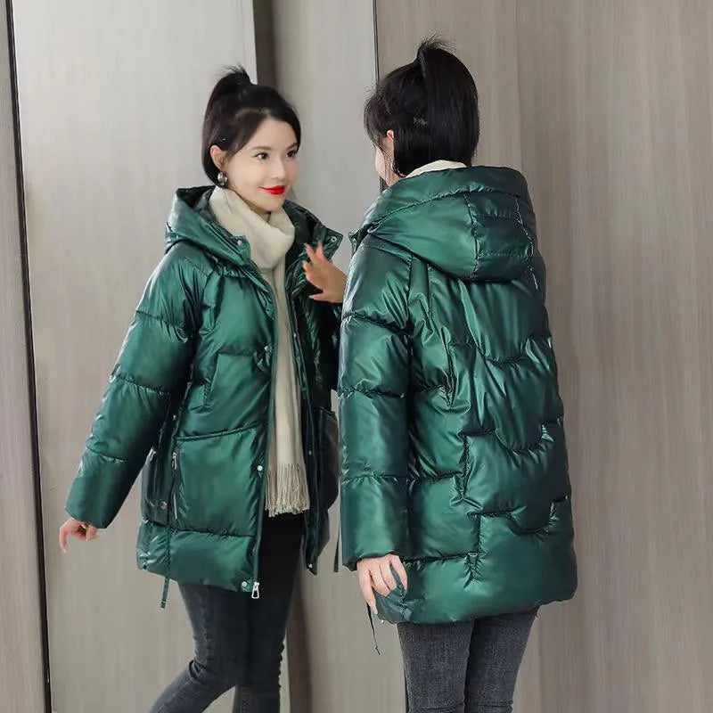 Women's loose thick hooded winter jacket in acrylic polyester blend available in four colours
