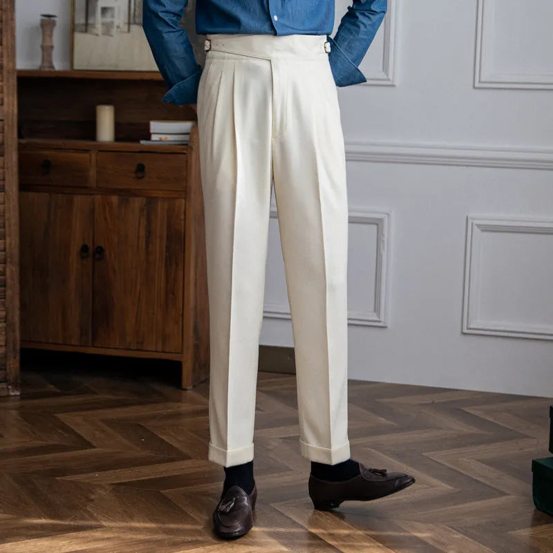 Men's high waist straight casual trousers in polyester fabric available in four colours