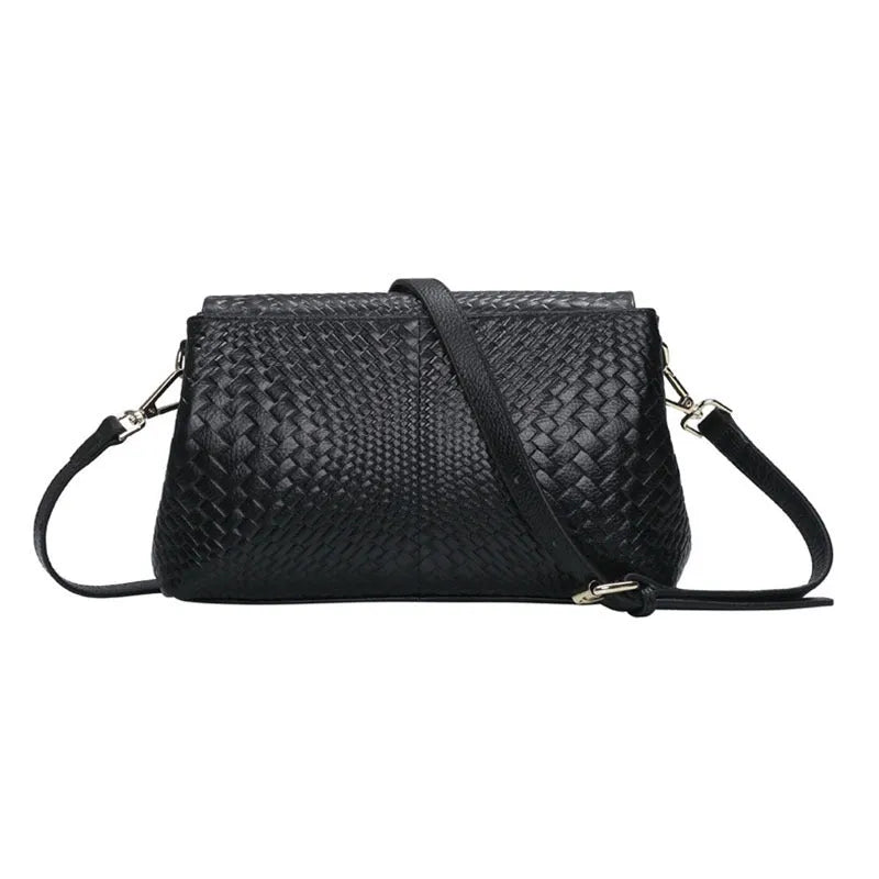 Black genuine leather woven crossbody bag with embossed finish, soft carry handle, and single shoulder strap.