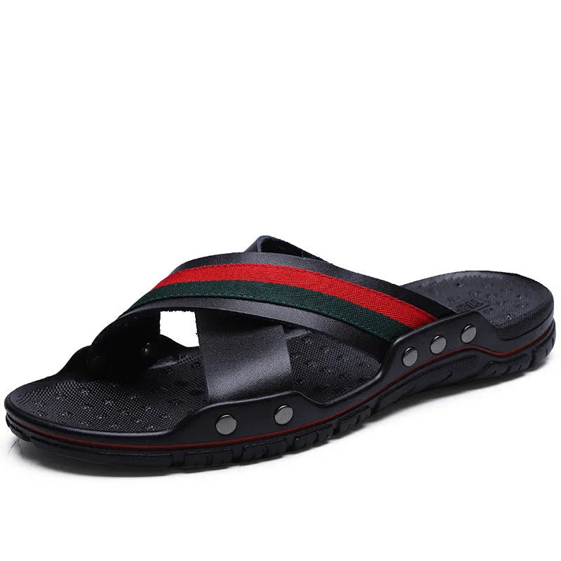 Men's white cowhide leather flip-flop sandals with a textured non-slip PU sole.
