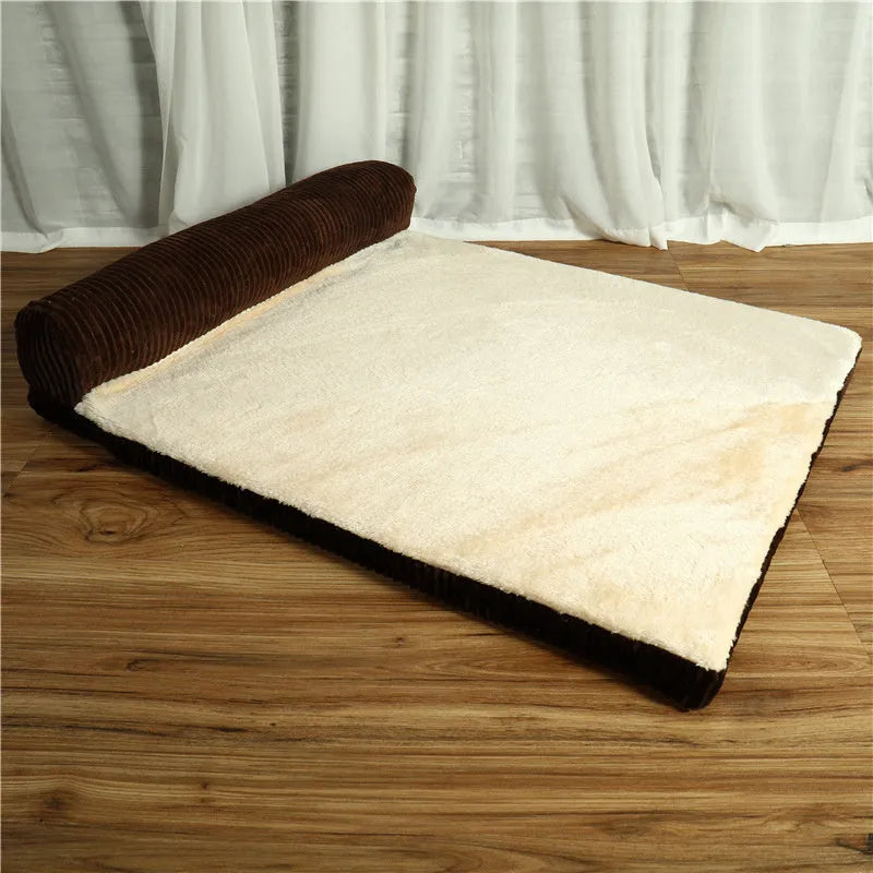 Corduroy pet sofa dog bed with bolster in grey colour, showing non-slip base and high-density sponge padding