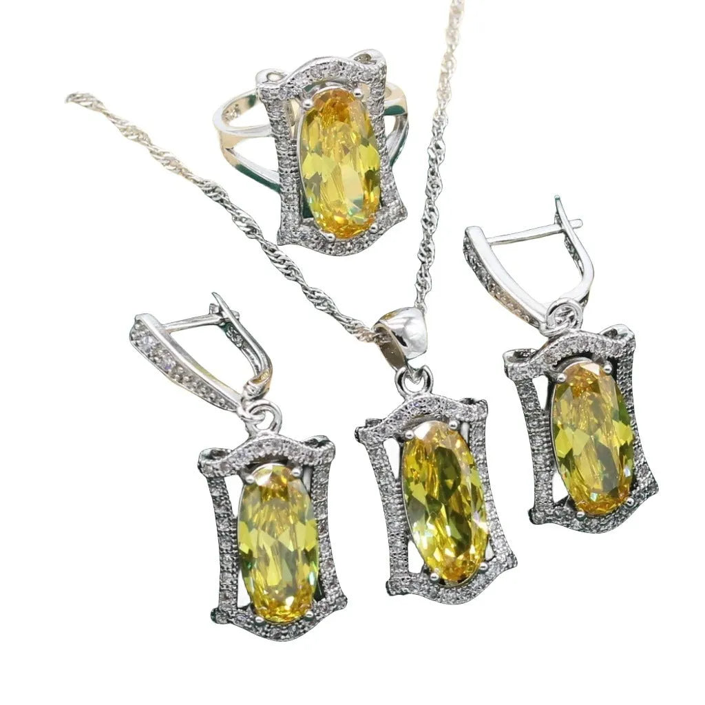 Anti-allergy zircon jewellery set with snake bone chain necklace, earrings, ring and bracelet in yellow colour