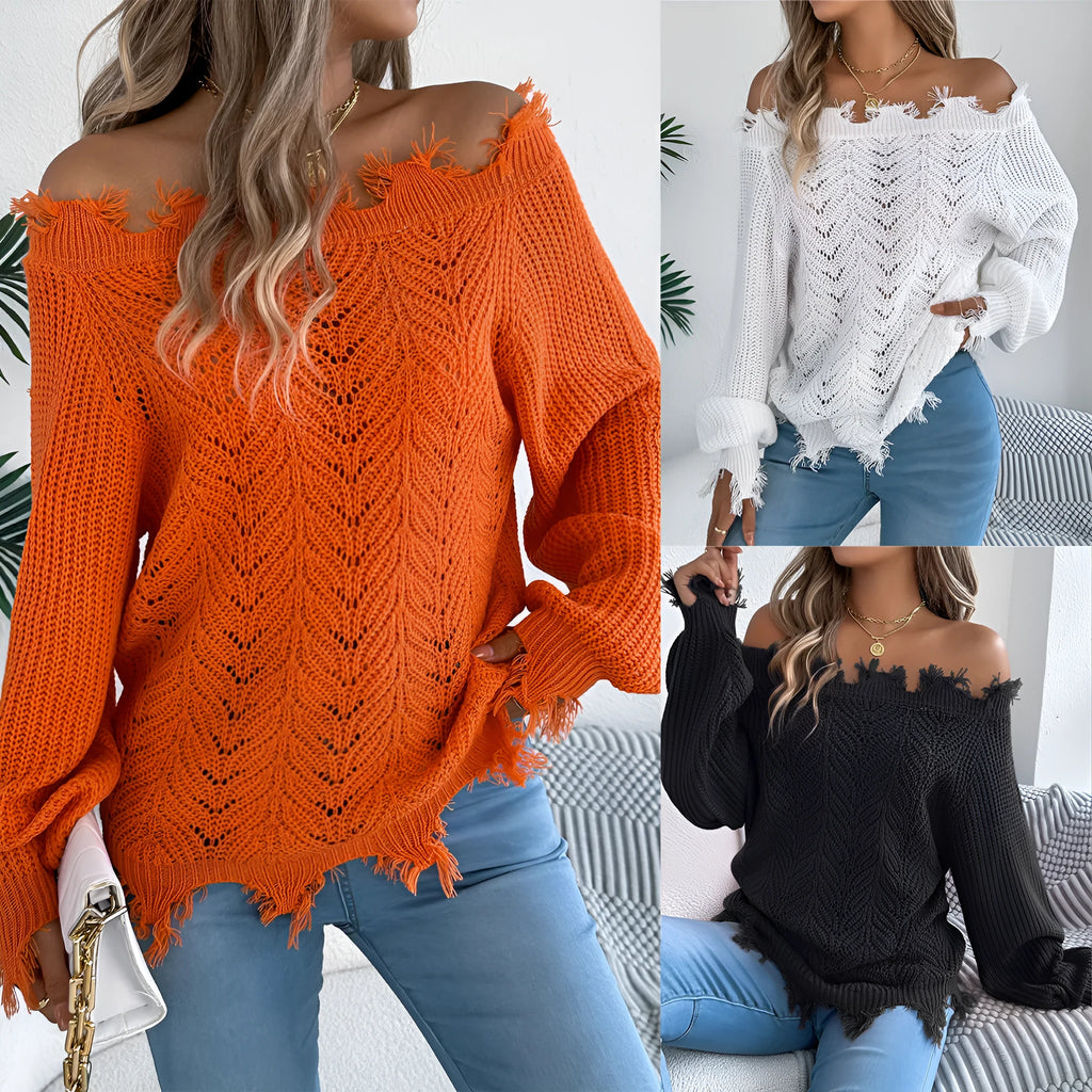 Women's hollow-out design off-the-shoulder pullover sweater in artificial wool fabric