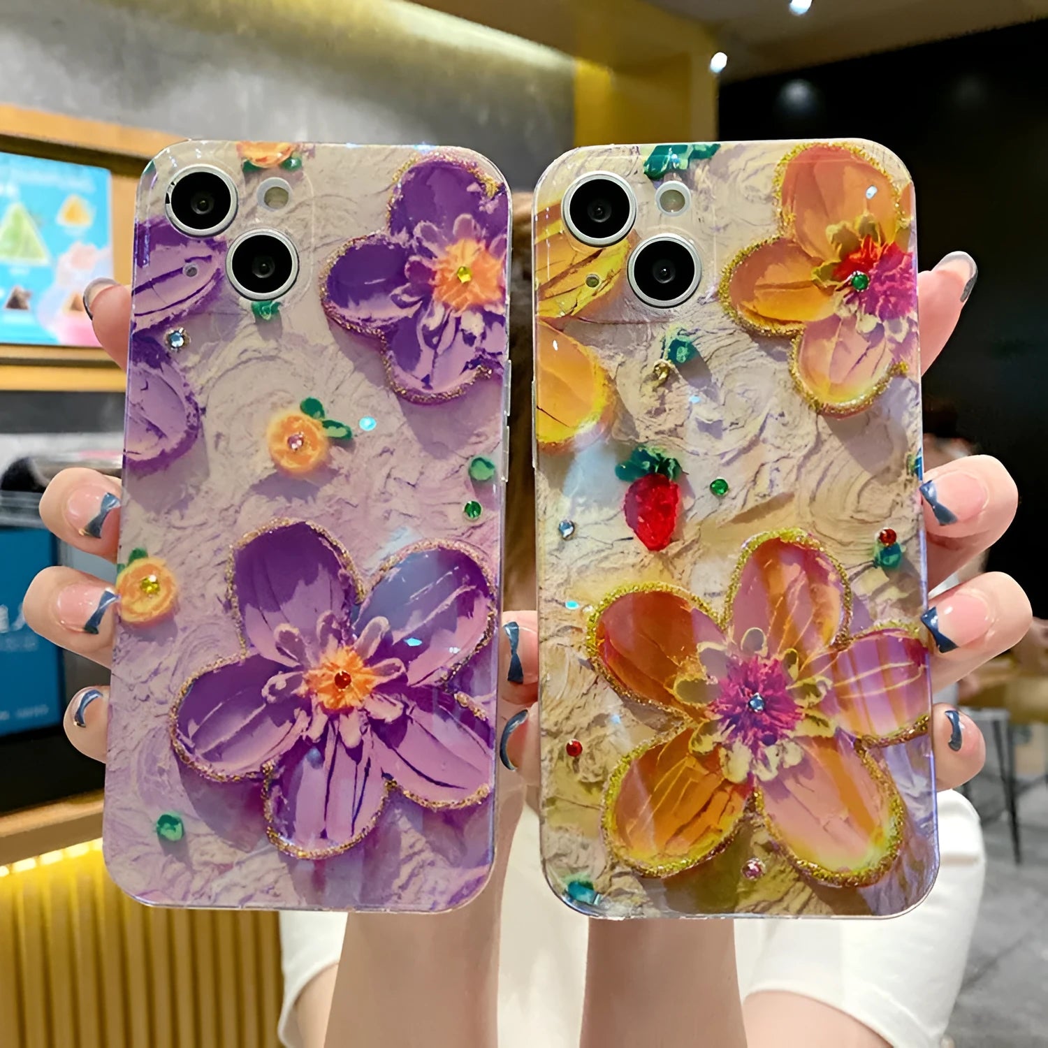 Purple soft rubber phone case with oil painting flower design and inlaid diamond accents