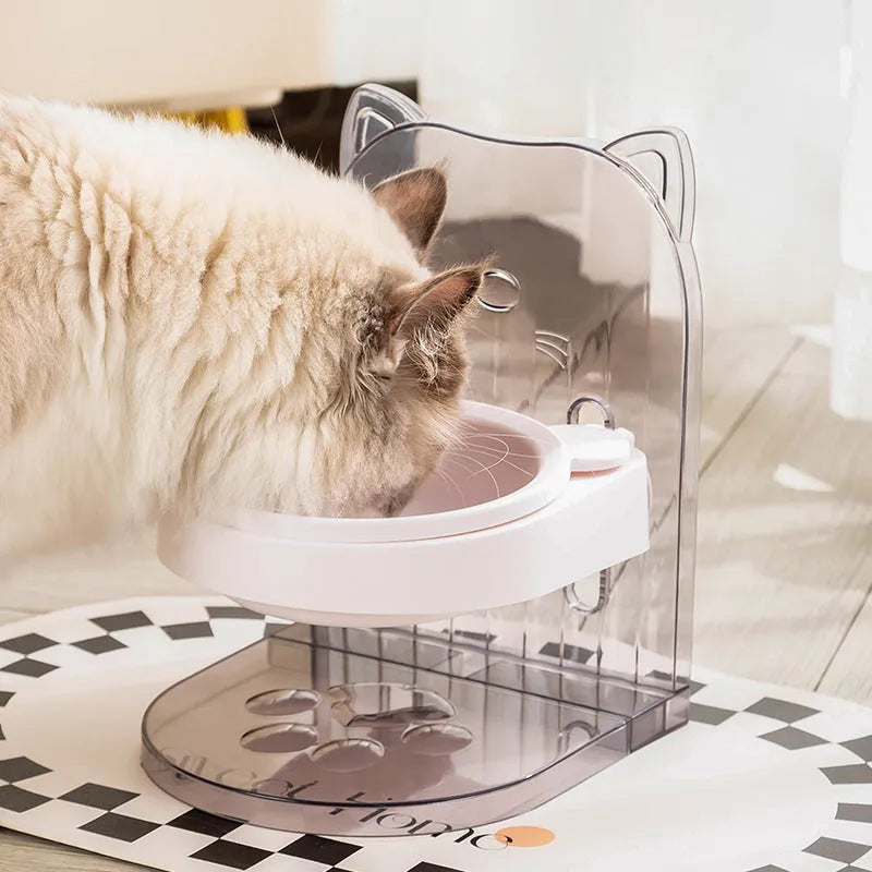 Cat feeding bowl with cat ear-shaped anti-spill neck protector and removable hanging cage