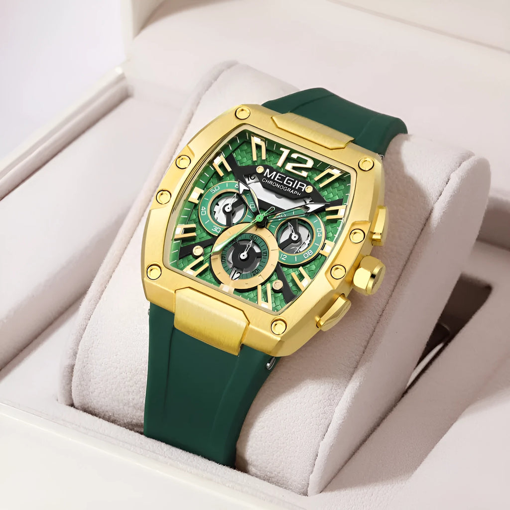 Men's sports watch with 44mm dial, 14mm thickness, wine barrel design, available in four colour combinations.