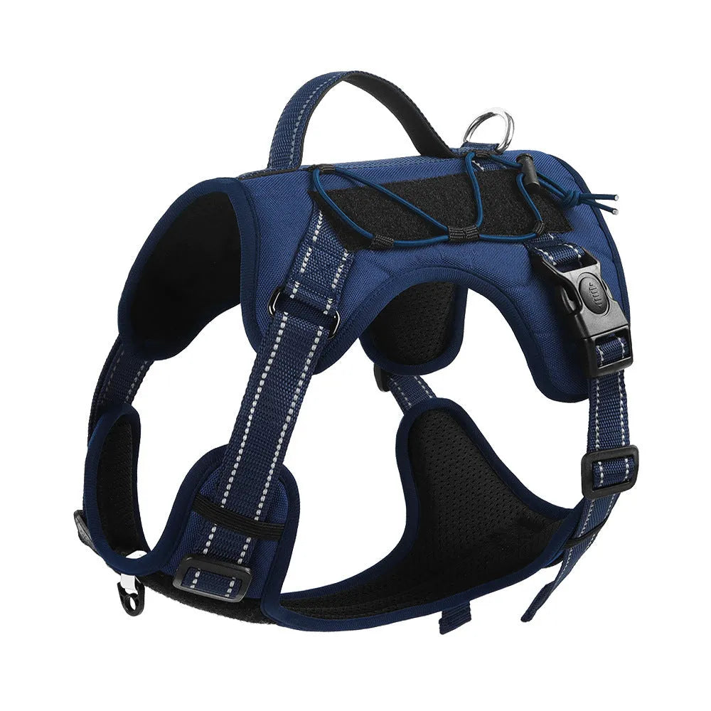 Orange explosion-proof dog harness vest with black reflective strips and an integrated black hand-holding rope.