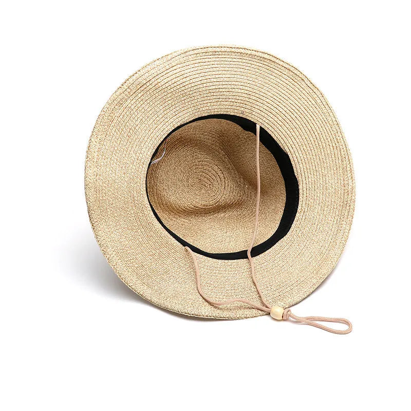 Men's foldable straw sun hat with a wide brim shown in mixed beige colour.