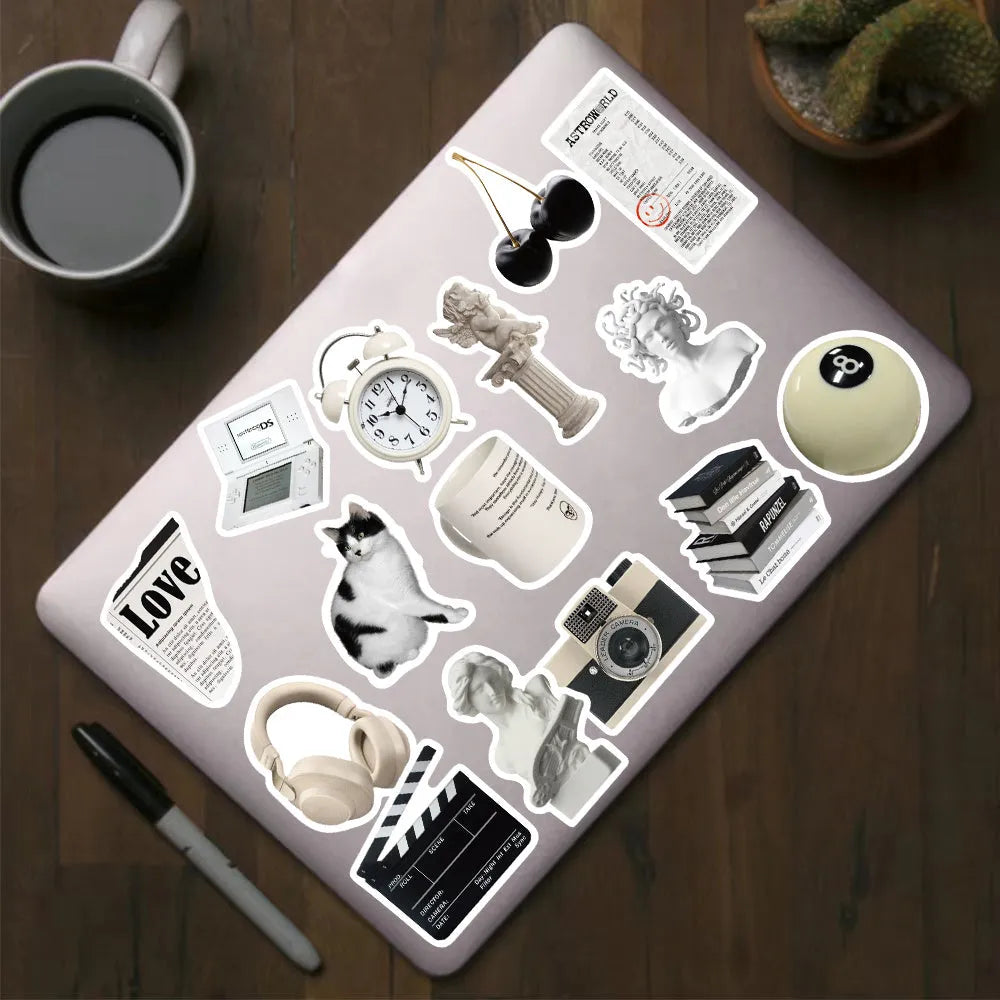 Black and white waterproof vinyl stickers pack with 61 pieces for laptop cup phone decoration