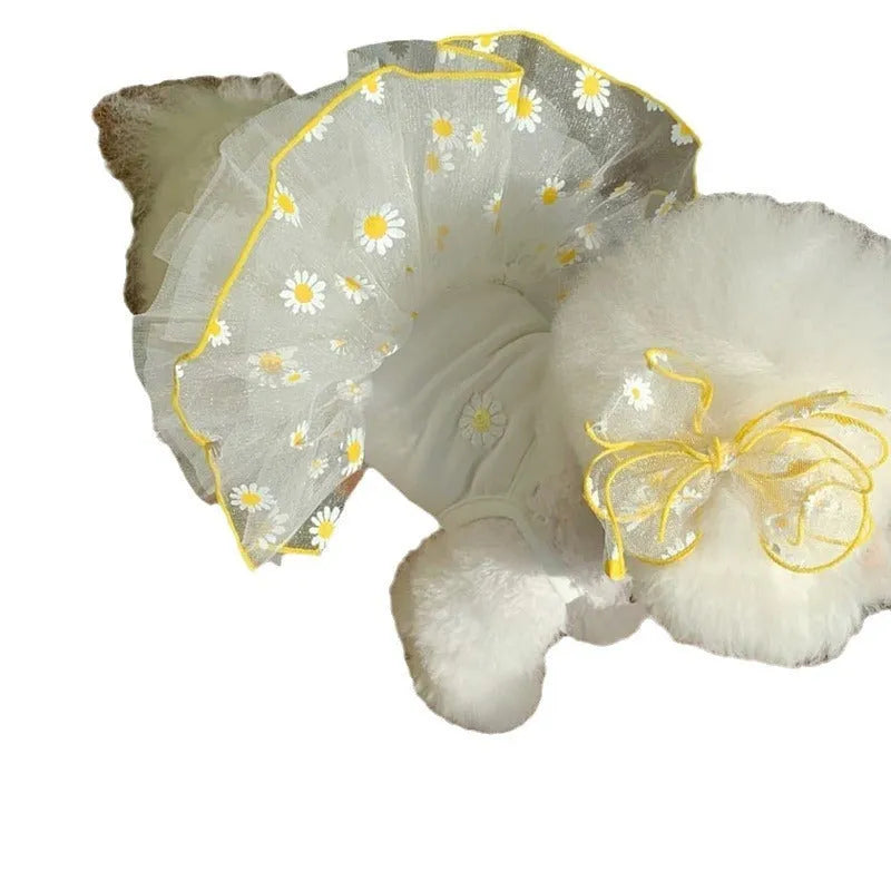 Yellow little daisy patterned thin dog clothes with floral accessories for summer canine wear