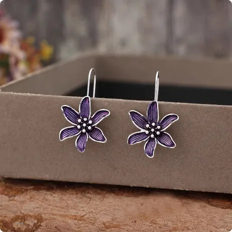 Purple flower-shaped alloy stud earrings with retro design and nickel-free posts
