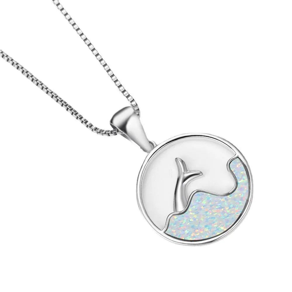 White gold round blue opal sea fishtail necklace with electroplated copper finish and simple geometric design
