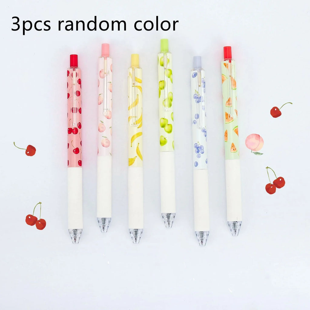 Three fruit scented press-action pens with 0.5mm quick-drying black ink refills