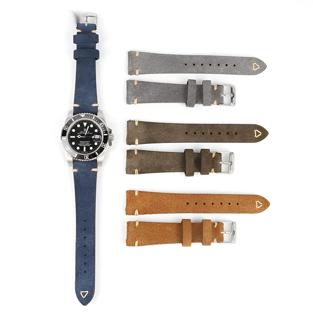 Genuine suede leather watch strap in brown showing texture and small waist design