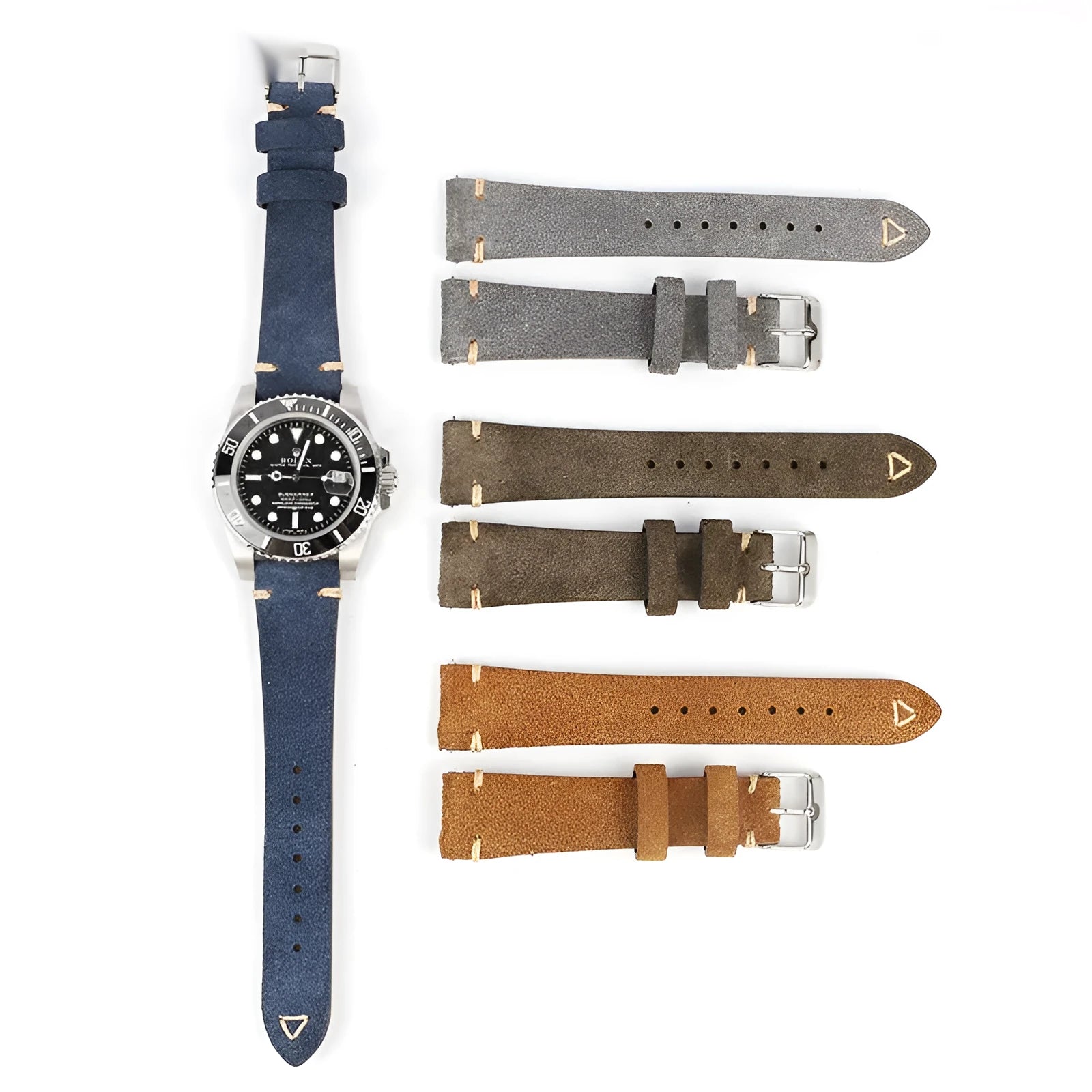 Genuine suede leather watch strap in brown showing texture and small waist design