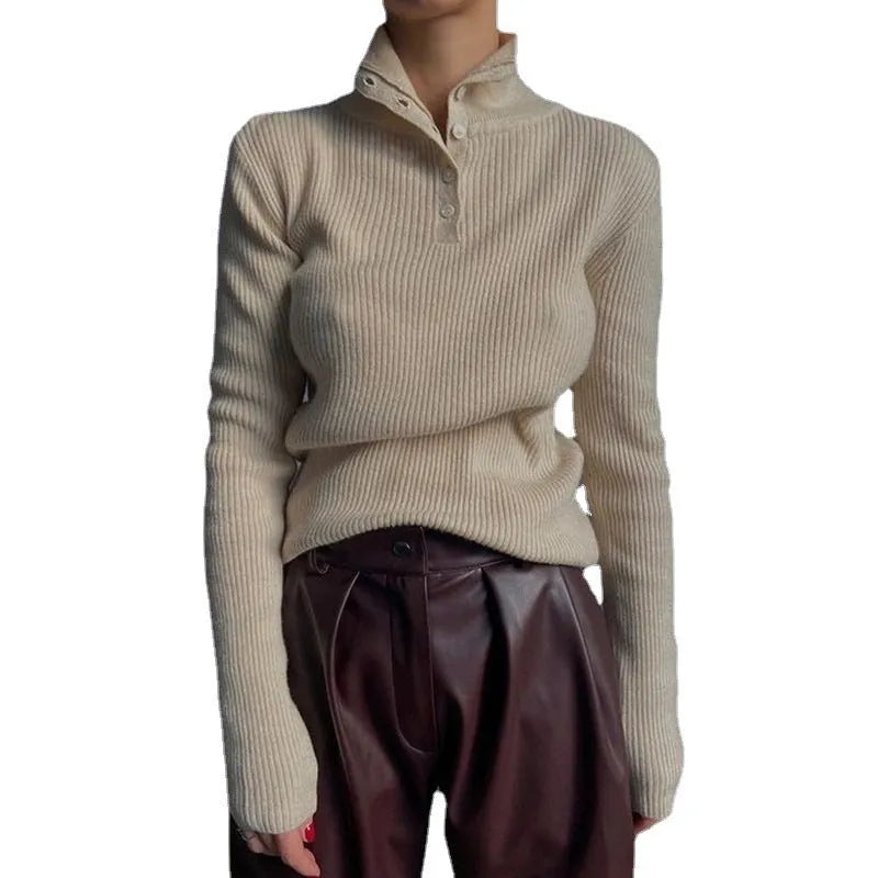 Silver grey half-turtleneck pullover sweater with single-breasted placket in slim fit design