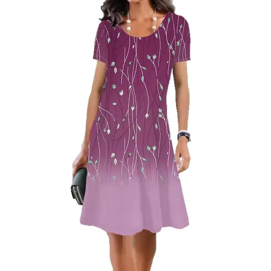 Women's light blue floral print A-line midi dress with short sleeves on a hanger