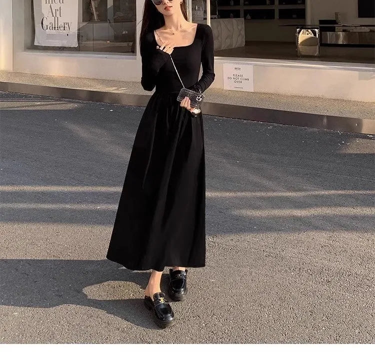 Black square collar knitted dress with elastic waist and A-line skirt
