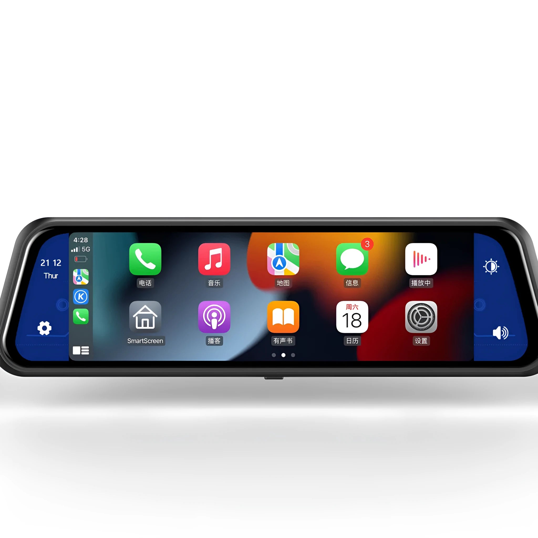 A black dual-lens dashboard camera with a large touchscreen display mounted on a car windshield.