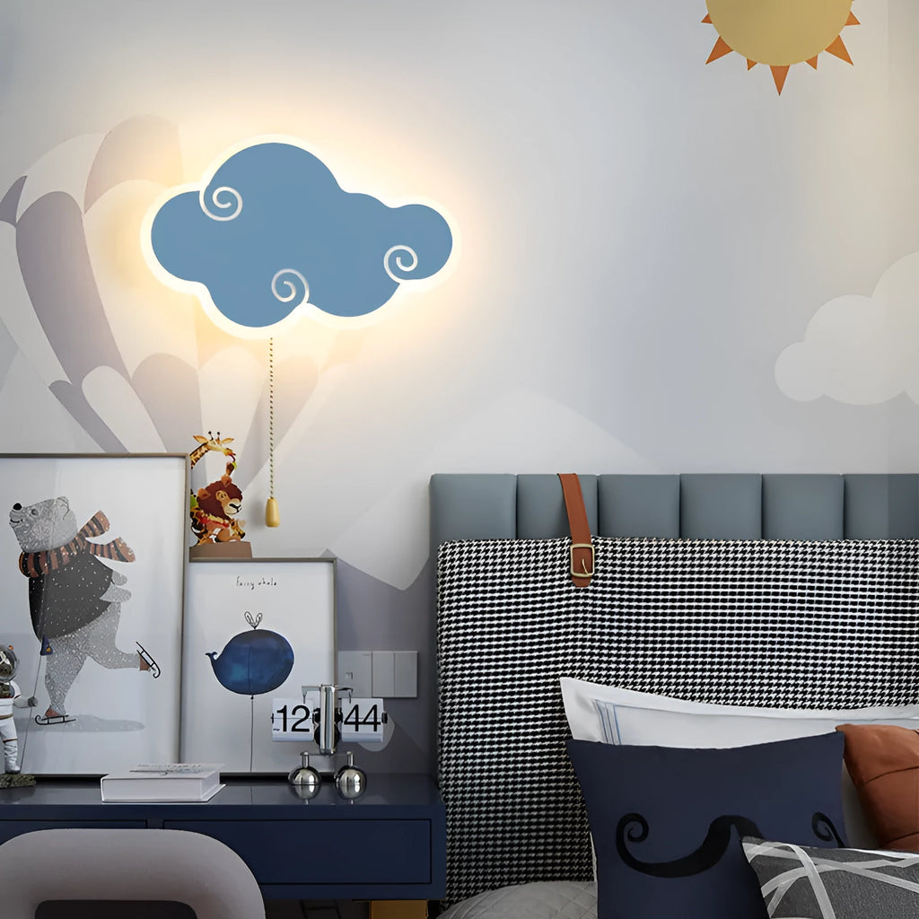 Cloud-shaped children's wall lamp with modern design in acrylic material showing colour lighting options