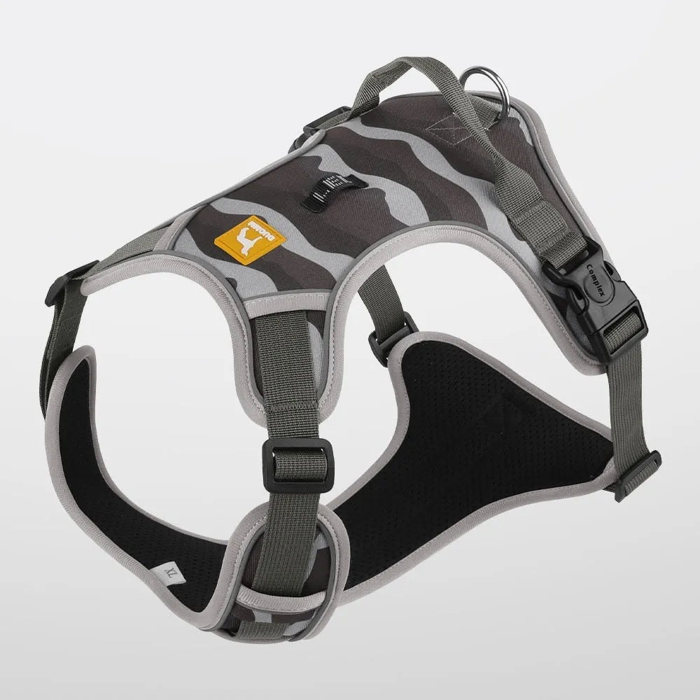 Orange dog harness and lead with chest strap, handle, and reflective strips for commuter safety.