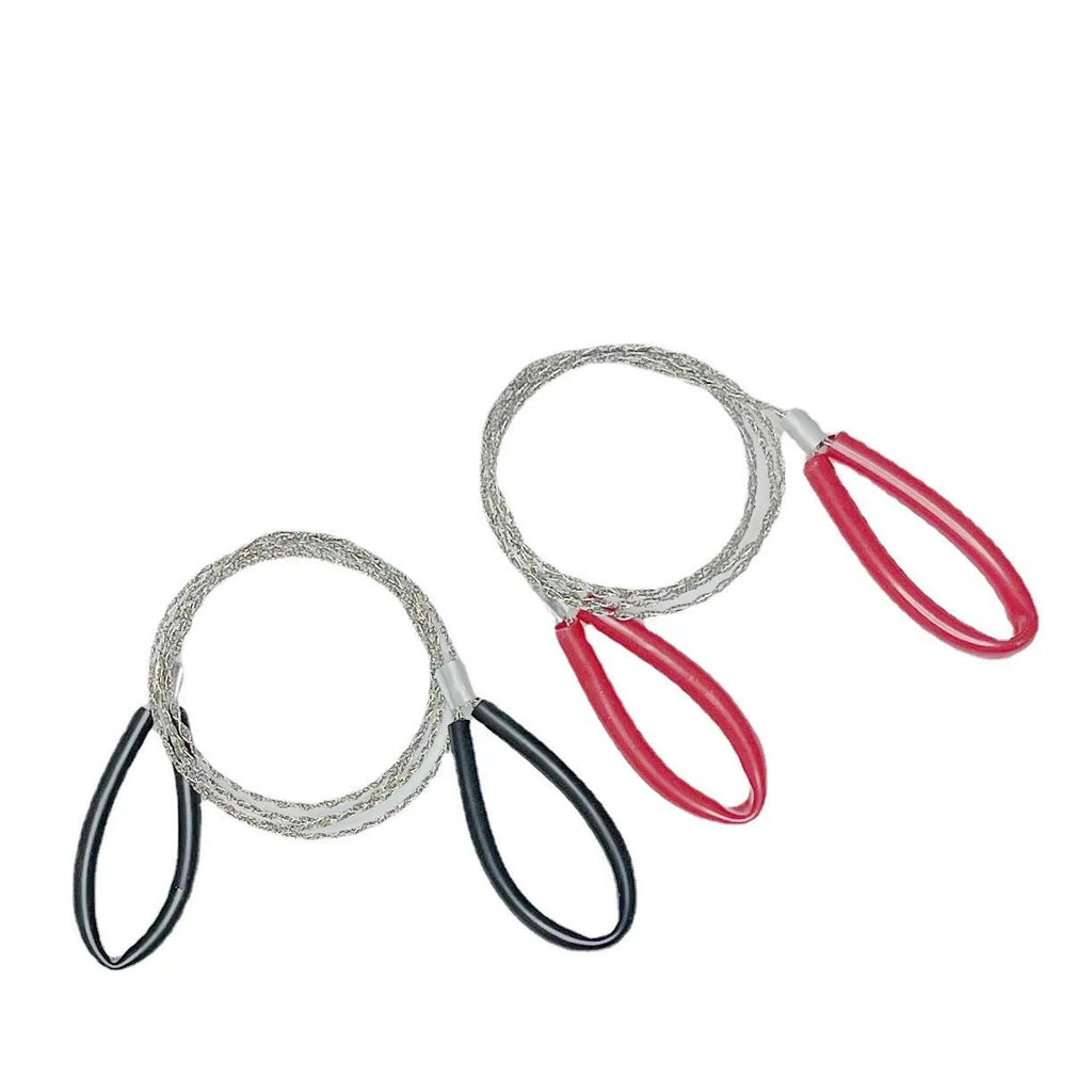 German stainless steel survival wire saw coiled to show compact size with black handles