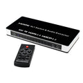 Black HDMI audio video switch unit with remote control and 10-metre cables for connecting four sources to one display.