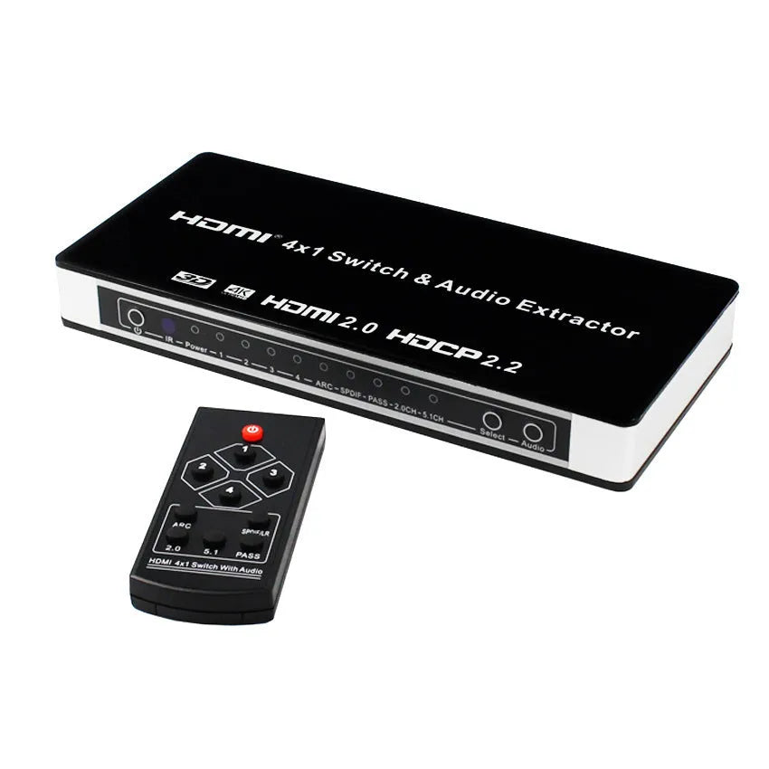 Black HDMI audio video switch unit with remote control and 10-metre cables for connecting four sources to one display.