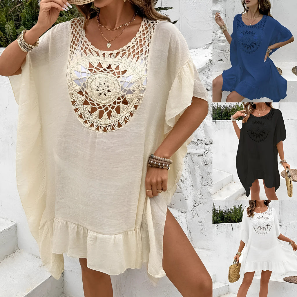 Beach crochet stitching tassel dress in slubbed hollow yarn with patchwork skirt and pullover style