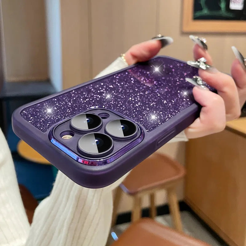 Ultra-thin glitter gradient magnetic phone case for iPhone on a table, showing silver colour shift.