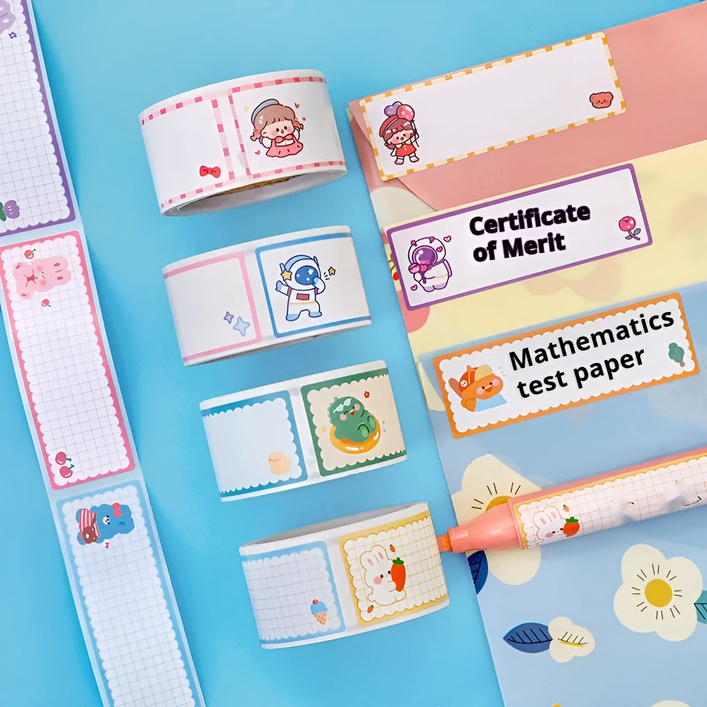 Roll of printed cartoon tape stickers with dinosaur design for labelling books and belongings