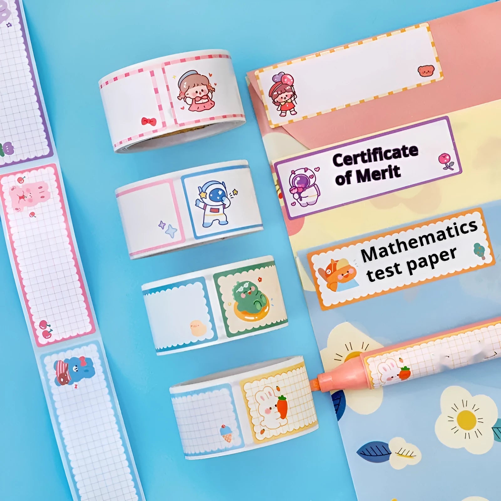 Roll of printed cartoon tape stickers with dinosaur design for labelling books and belongings